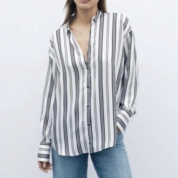 Zara Vertical Stripe Oversized Satin Button Down Preppy Acadamia S - Picture 1 of 5